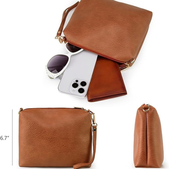 BROWN SUPER SOFT VEGAN LEATHER SHOULDER BAG AND COIN CLUTCH 2 PIECE SET - Picture 5 of 6